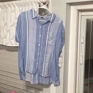Blue and White Striped Casual Button Down Shirt.